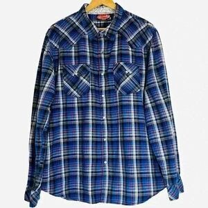 Mamba Mens Blue Button Up Plaid Size XL 100% Cotton